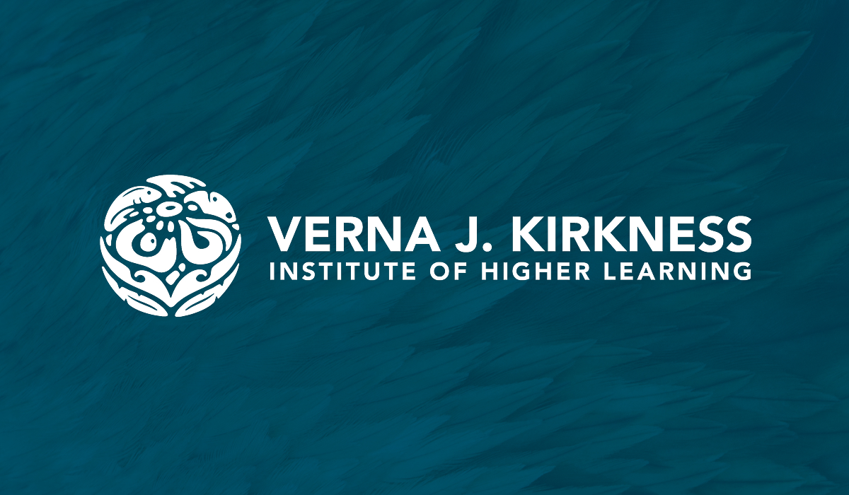 Verna J. Kirkness Institute of Higher Learning Logo on blue feathered background